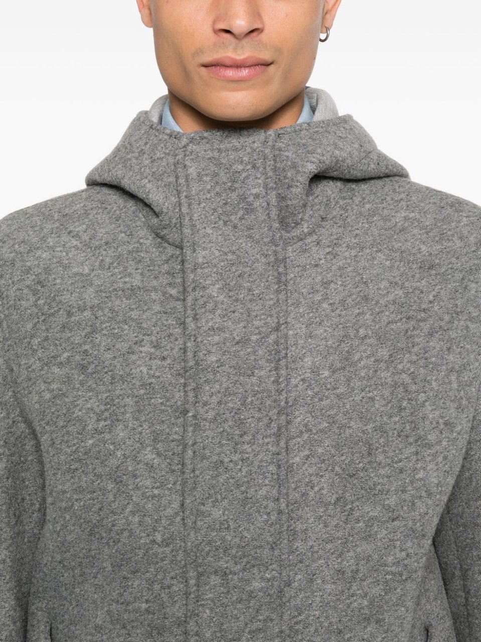 Manuel Ritz Hooded Grey Wool Coat With Flap Pockets And Concealed Closure Grijs