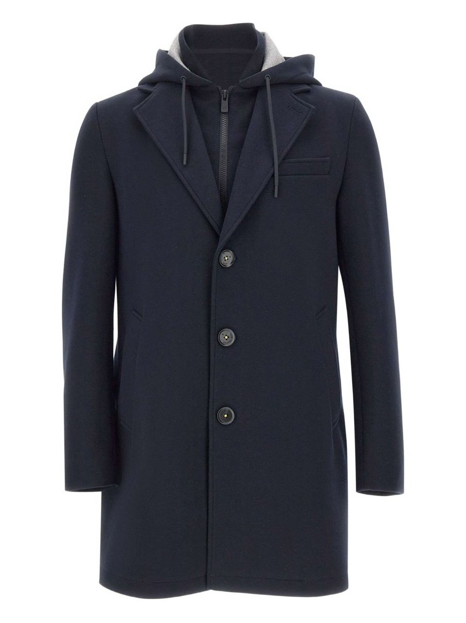 Manuel Ritz Navy Blue Wool Coat With Removable Bib And Adjustable Hood Zwart