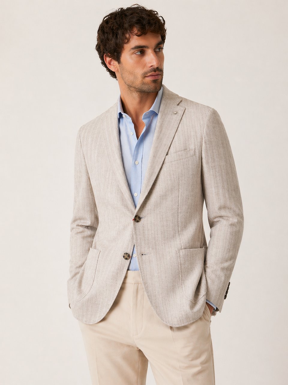 Manuel Ritz Beige Herringbone Half Lined Linen Blazer Neutraal