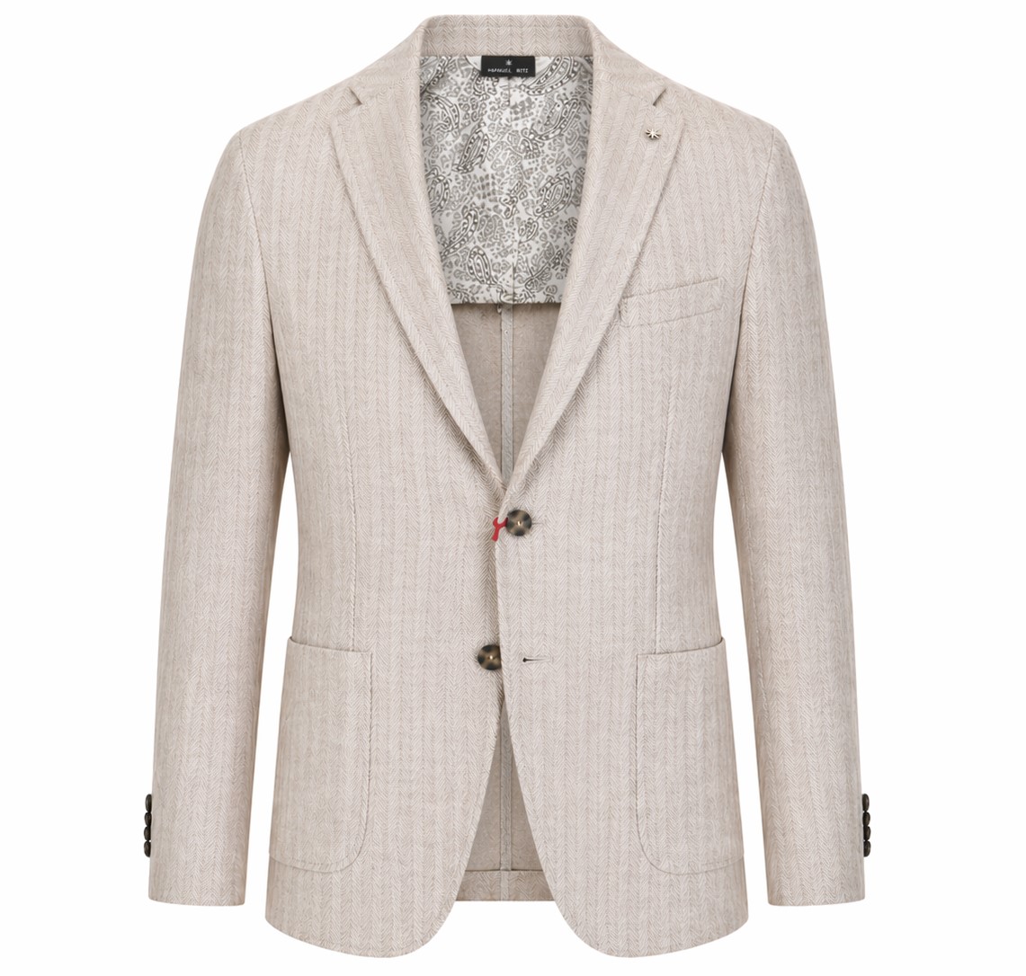 Manuel Ritz Beige Herringbone Half Lined Linen Blazer Neutraal