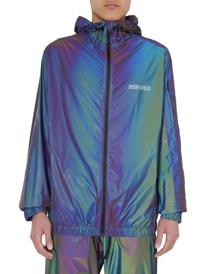 Marcelo Burlon Reflective Iridescent Wind Jacket Blauw