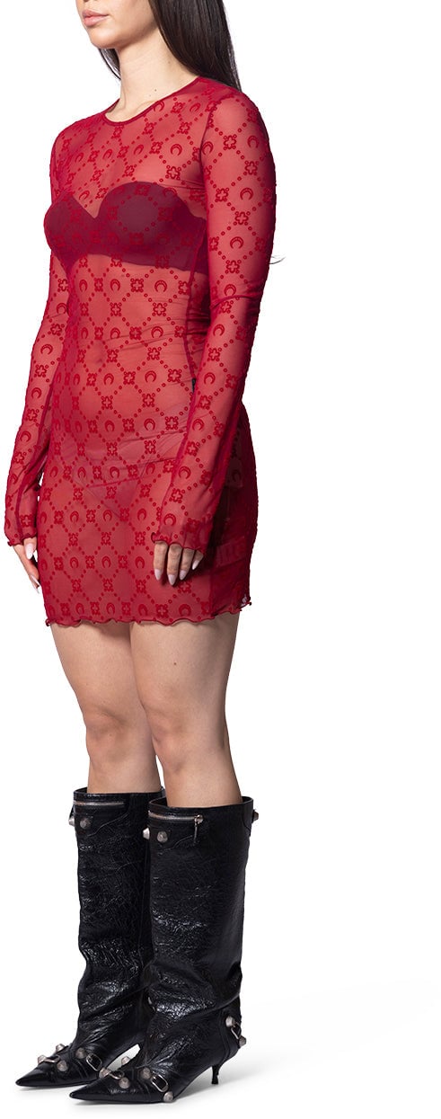 Marine Serre RECYCLED MESH FLOCK MINI DRESS RIBBON RED Rood