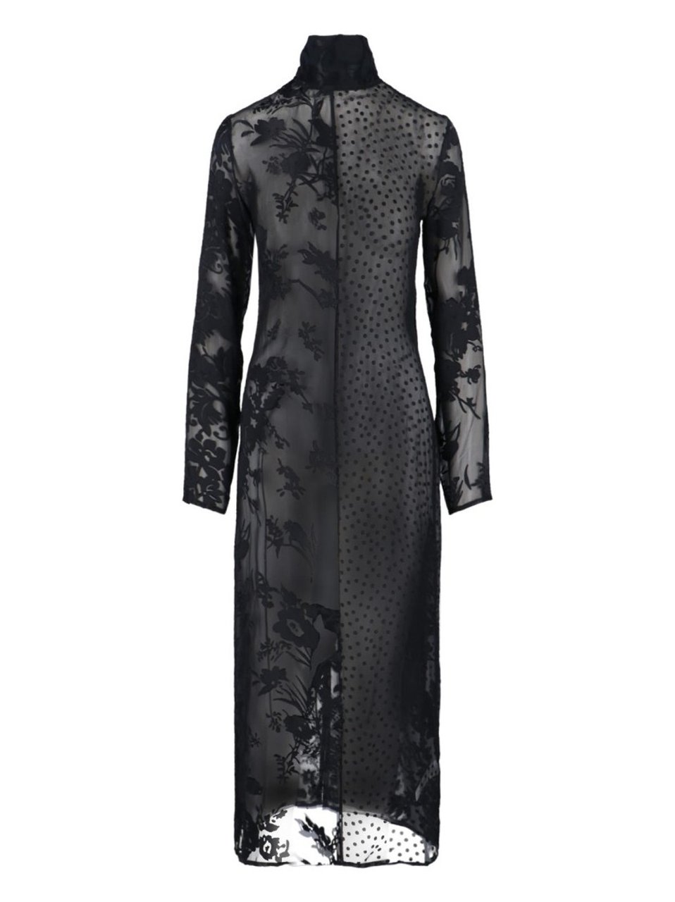 Marine Serre Sheer Black Midi Dress With Floral Patterns And Scarf Detail Zwart