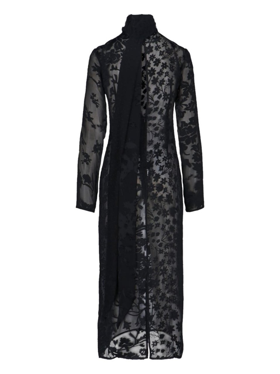 Marine Serre Sheer Black Midi Dress With Floral Patterns And Scarf Detail Zwart