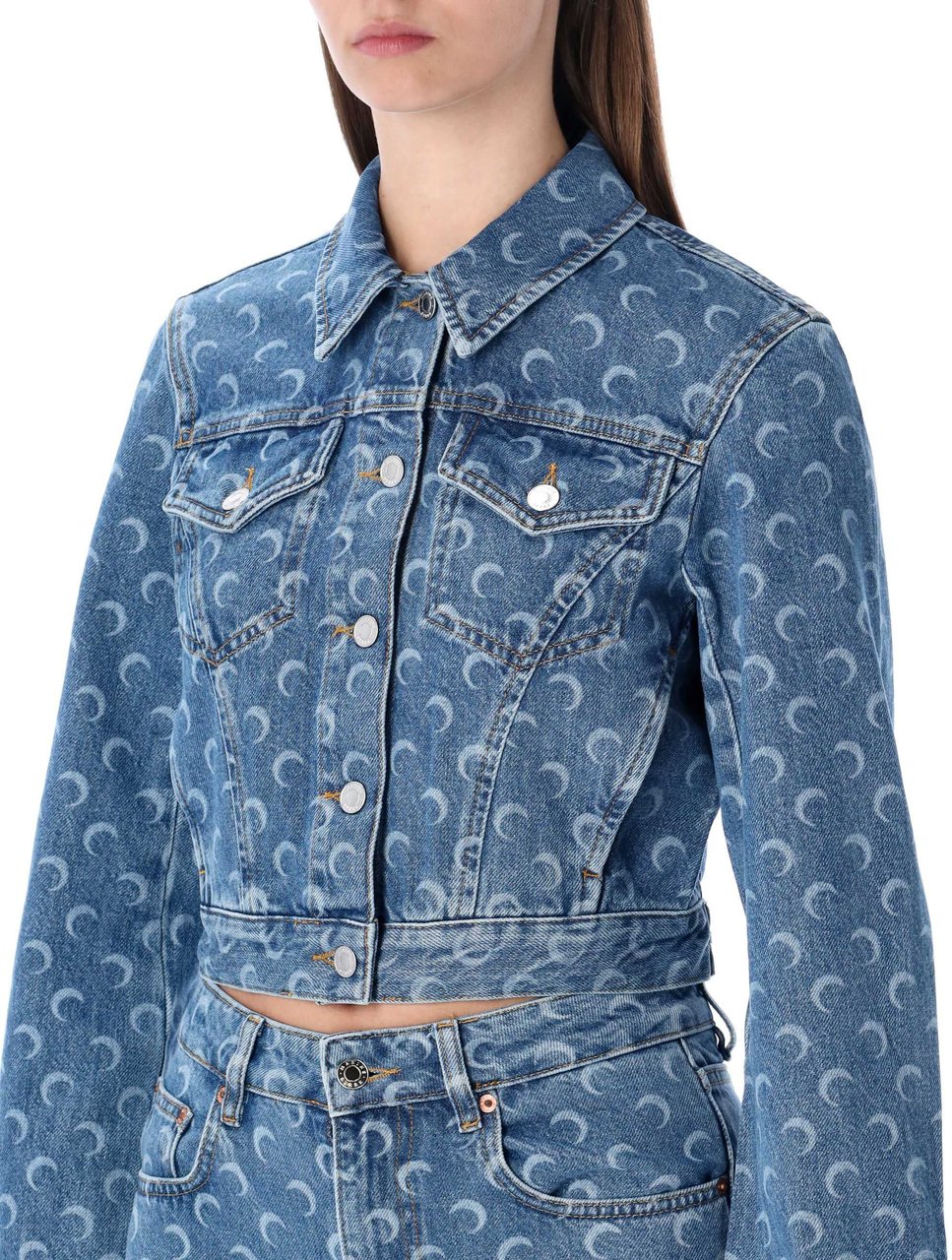 Marine Serre Cropped Denim Jacket Moon Allover Blu Blauw