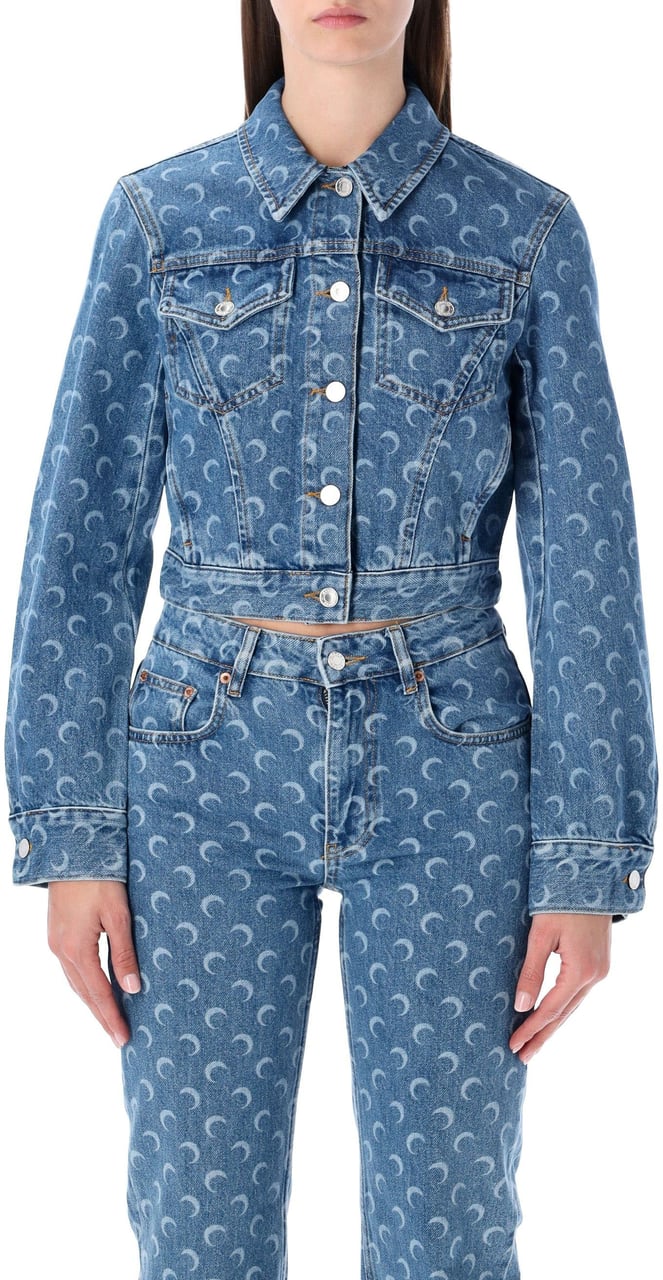 Marine Serre Cropped Denim Jacket Moon Allover Blu Blauw