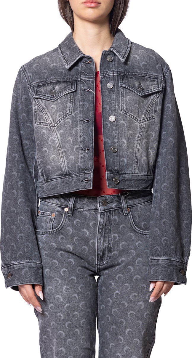 Marine Serre MOON LASER DENIM CROPPED JACKET DARK GREY Grijs