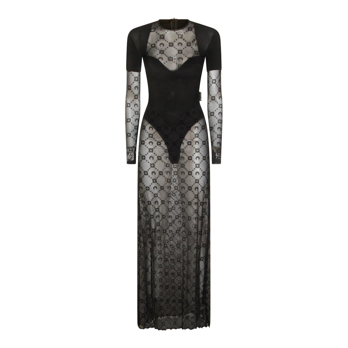 Marine Serre Opaque And Sheer Maxi Dress With Crescent Moon Motif Zwart