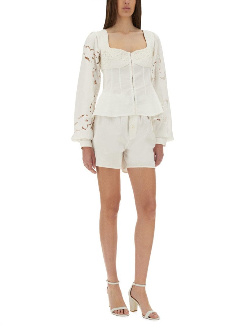 Marine Serre Fitted White Top With Square Neckline And Floral Embroidery Wit
