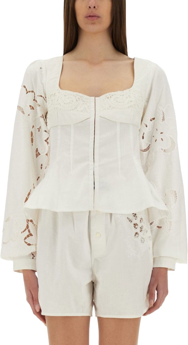 Marine Serre Fitted White Top With Square Neckline And Floral Embroidery Wit