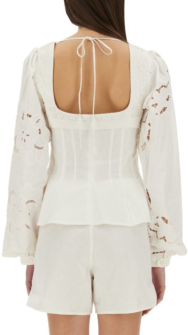 Marine Serre Fitted White Top With Square Neckline And Floral Embroidery Wit