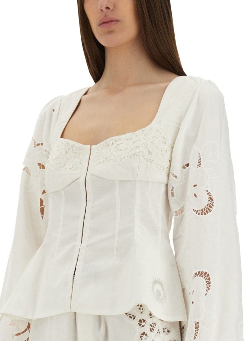 Marine Serre Fitted White Top With Square Neckline And Floral Embroidery Wit