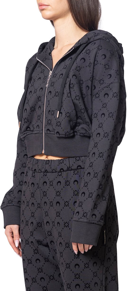 Marine Serre FLOCKED COTTON FLEECE CROPPED ZIPPED HOODIE BLACK Zwart