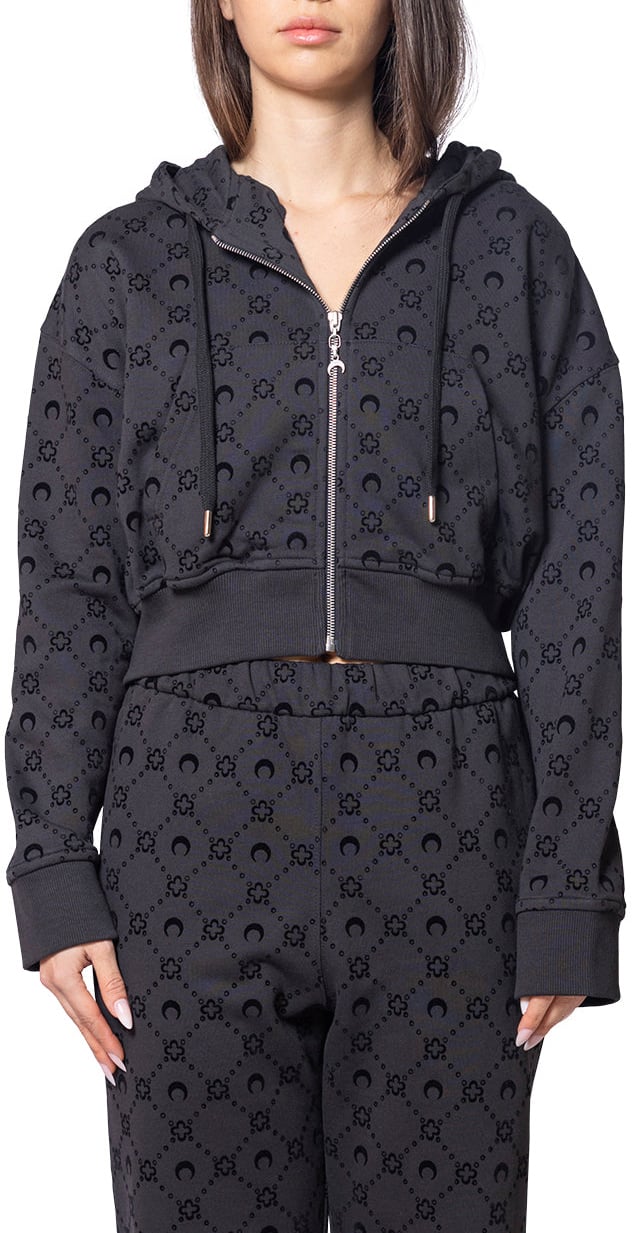 Marine Serre FLOCKED COTTON FLEECE CROPPED ZIPPED HOODIE BLACK Zwart