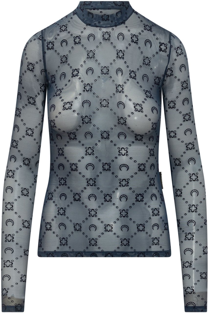 Marine Serre Top Collo Alto a Maniche Lunghe in Tulle Stampato Blauw