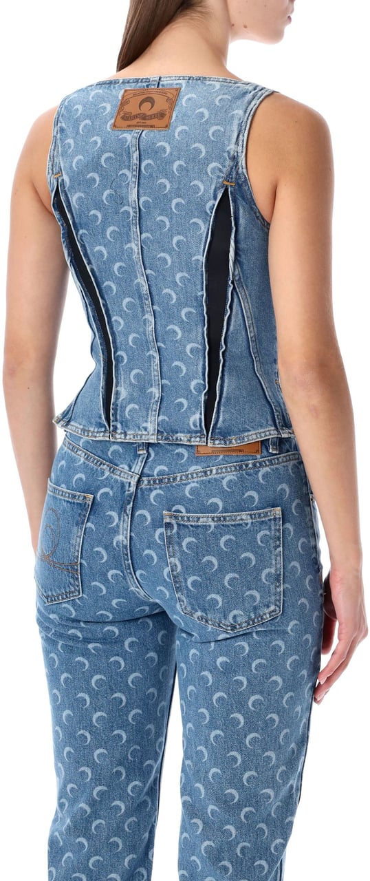 Marine Serre Bustier Top Denim Moon Allover Blu Blauw