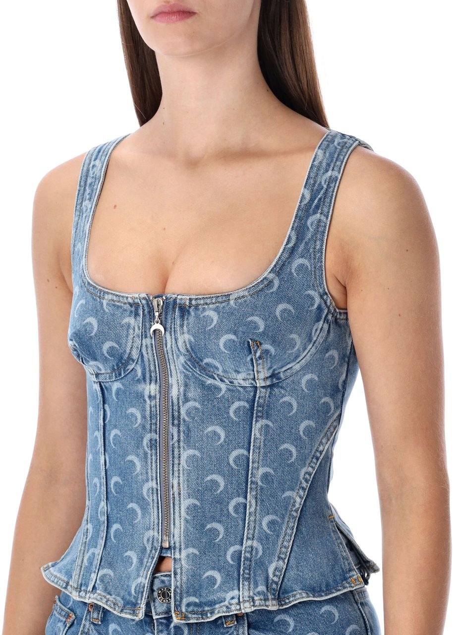 Marine Serre Bustier Top Denim Moon Allover Blu Blauw