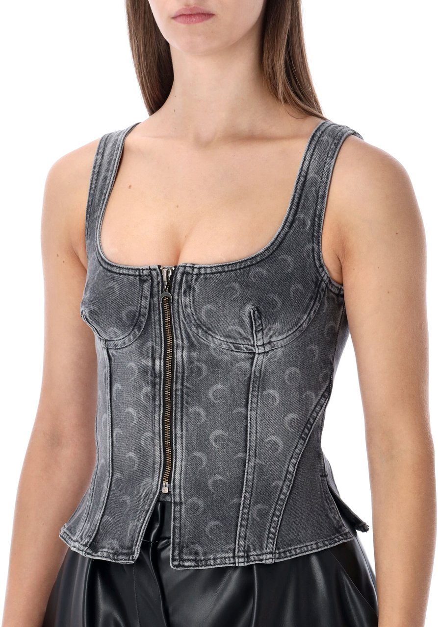 Marine Serre Bustier Top Denim Moon Allover Grigio Grijs