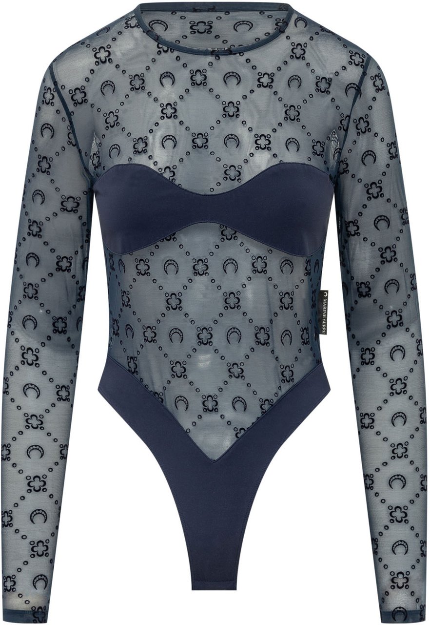 Marine Serre Body a Maniche Lunghe in Tulle Ricamato Blauw