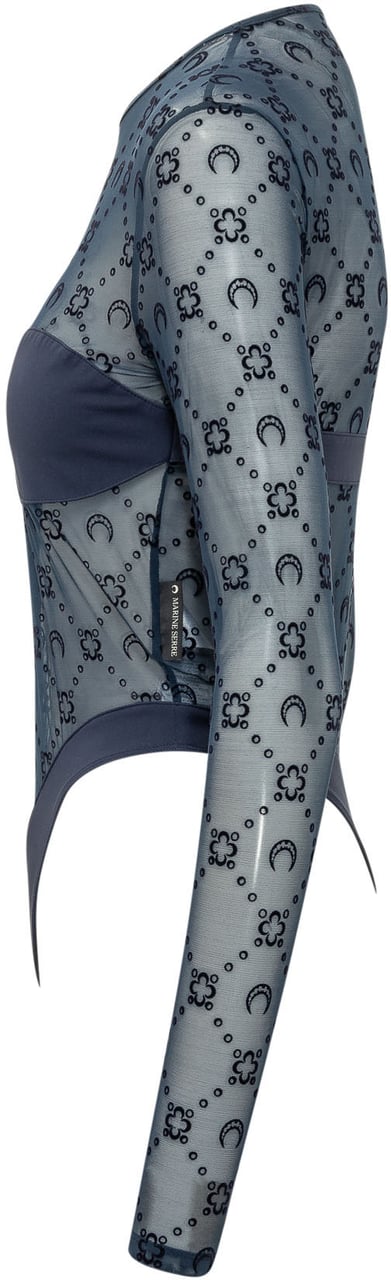Marine Serre Body a Maniche Lunghe in Tulle Ricamato Blauw