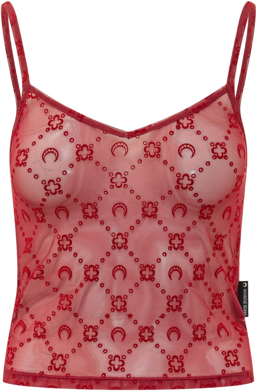 Marine Serre Top con Spalline in Tulle Moonogram Rood