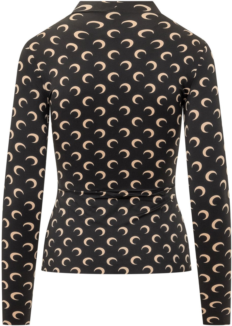 Marine Serre Top a Maniche Lunghe con Collo Alto Stampa Moon Zwart