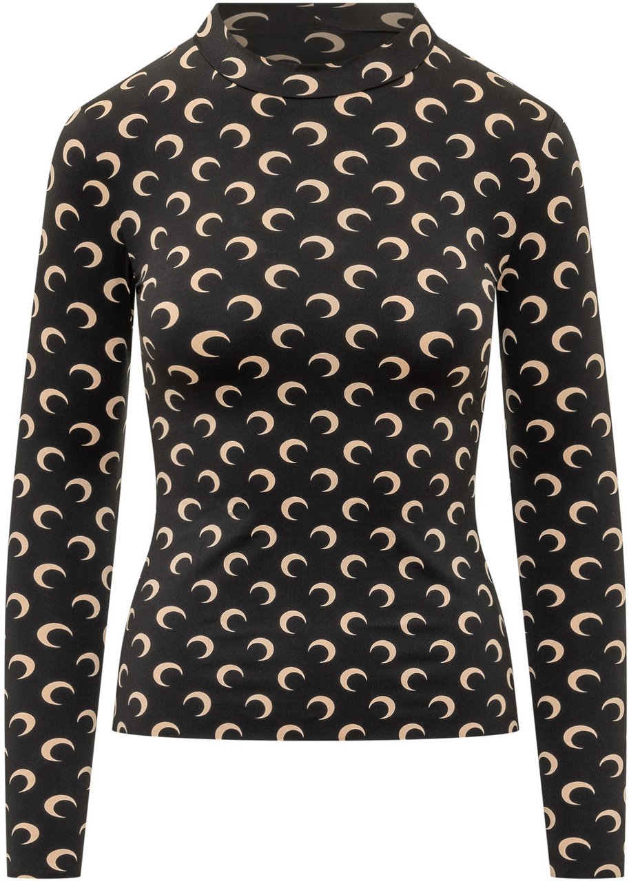 Marine Serre Top a Maniche Lunghe con Collo Alto Stampa Moon Zwart