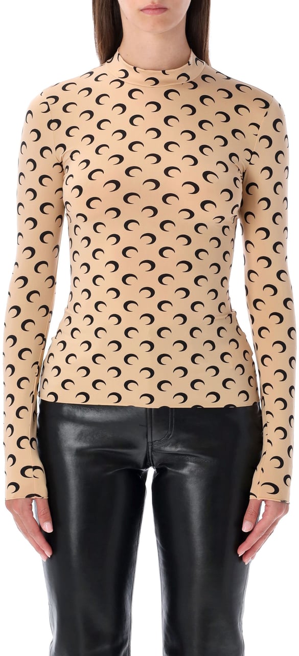 Marine Serre Moon Print High Neck Top Tan Black Moon Beige