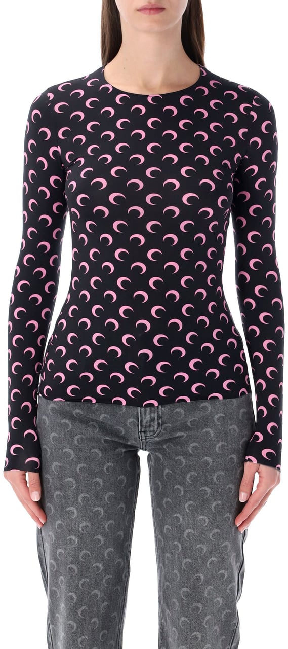 Marine Serre Second Skin Crew Neck Top Moon Black Pink Moon Zwart