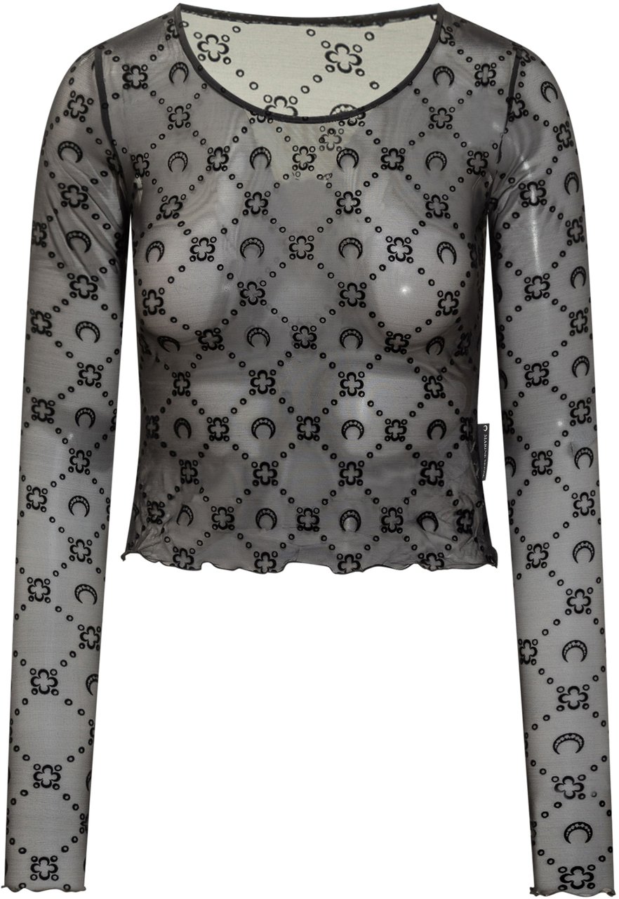 Marine Serre Marine Serre Top in Tulle con Ricami Logo Zwart
