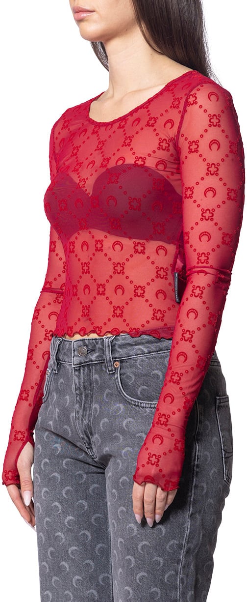 Marine Serre RECYCLED MESH FLOCK SS CROPPED TOP RIBBON RED Rood
