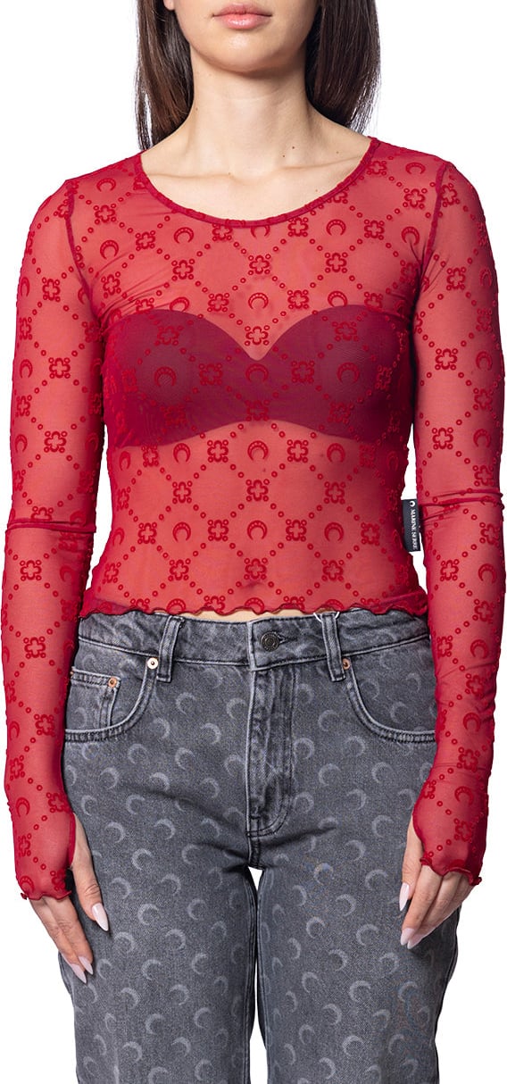 Marine Serre RECYCLED MESH FLOCK SS CROPPED TOP RIBBON RED Rood