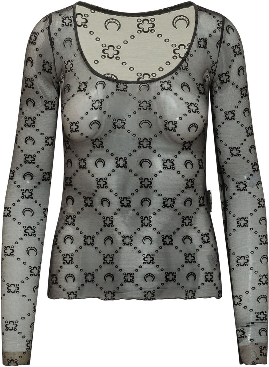 Marine Serre Top a Maniche Lunghe con Scollo Tondo e Motivo Geometrico Lichtgrijs