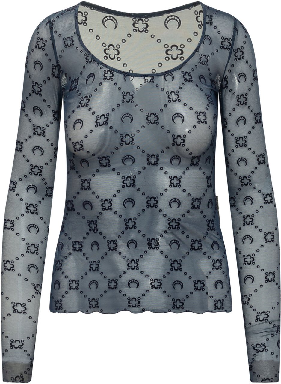 Marine Serre Top a Maniche Lunghe con Scollo Tondo e Motivo Geometrico Blauw