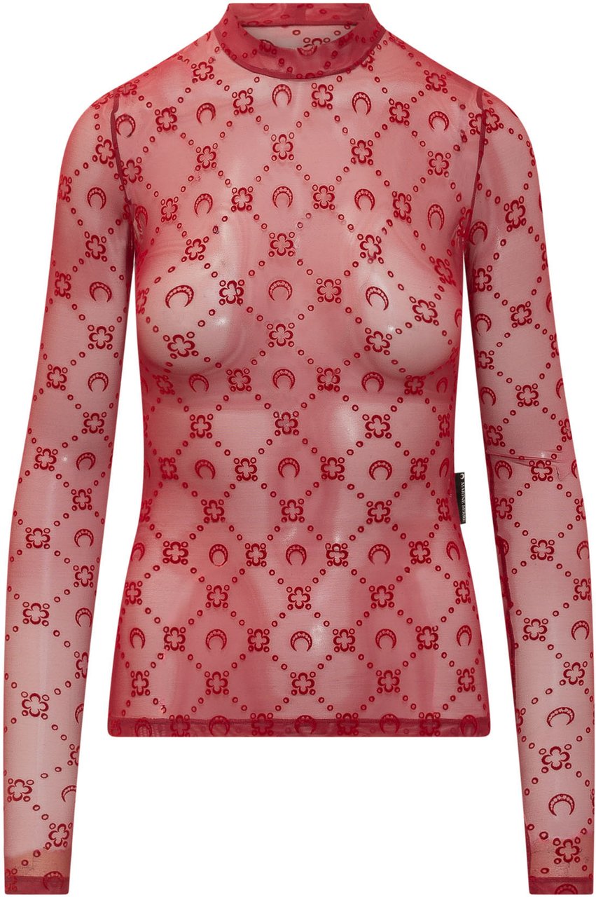 Marine Serre Top a Maniche Lunghe con Collo Alto e Motivo Geometrico Rood