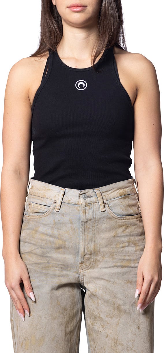 Marine Serre MOON LOGO RIBBED JERSEY TANK TOP BLACK Zwart
