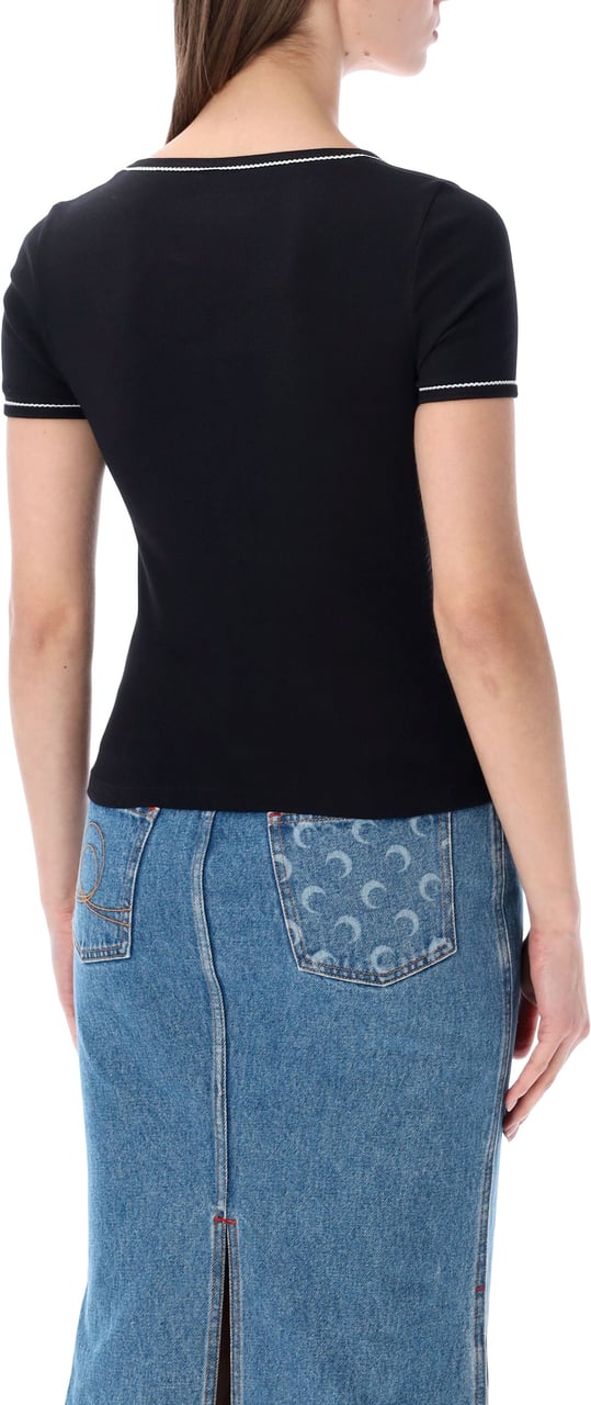 Marine Serre Marine Serre light ribbed squareneck T-shirt Zwart