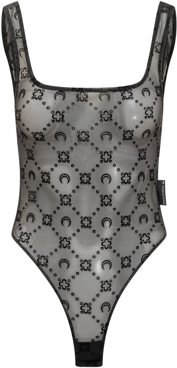 Marine Serre Marine Serre Body in Tulle con Ricami Logo Zwart