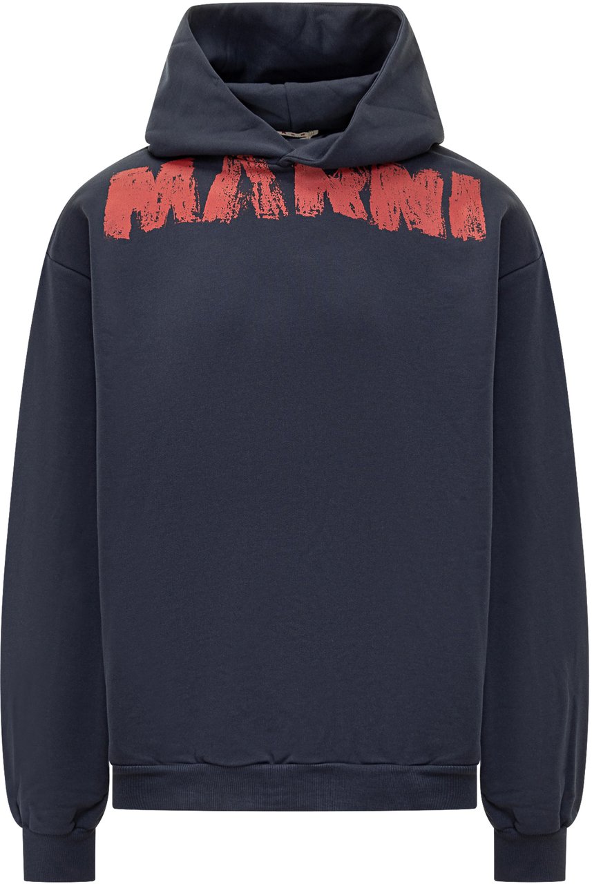 Marni Felpa con Cappuccio e Logo Rosso Marni Navy