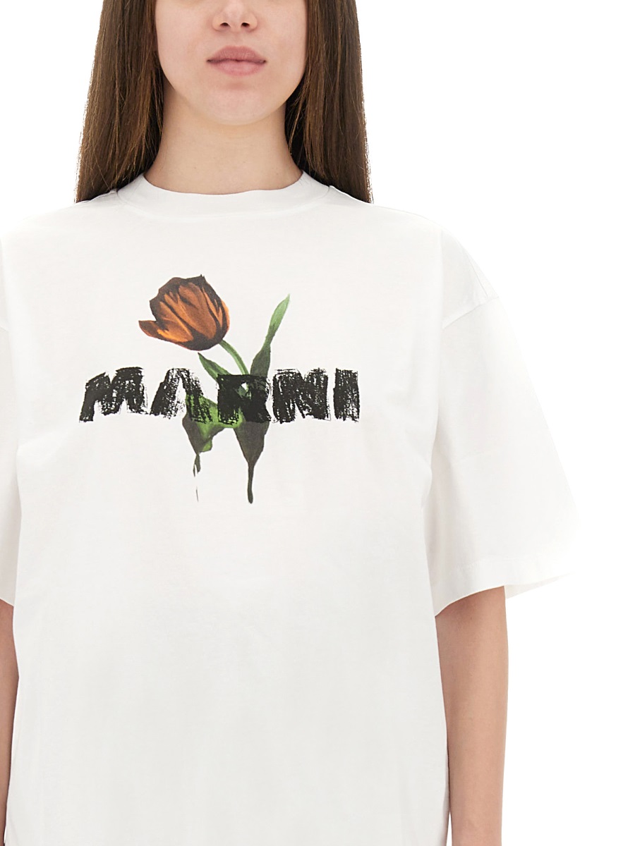 Marni WHITE COTTON T-SHIRT WITH TULIP PRINT Wit