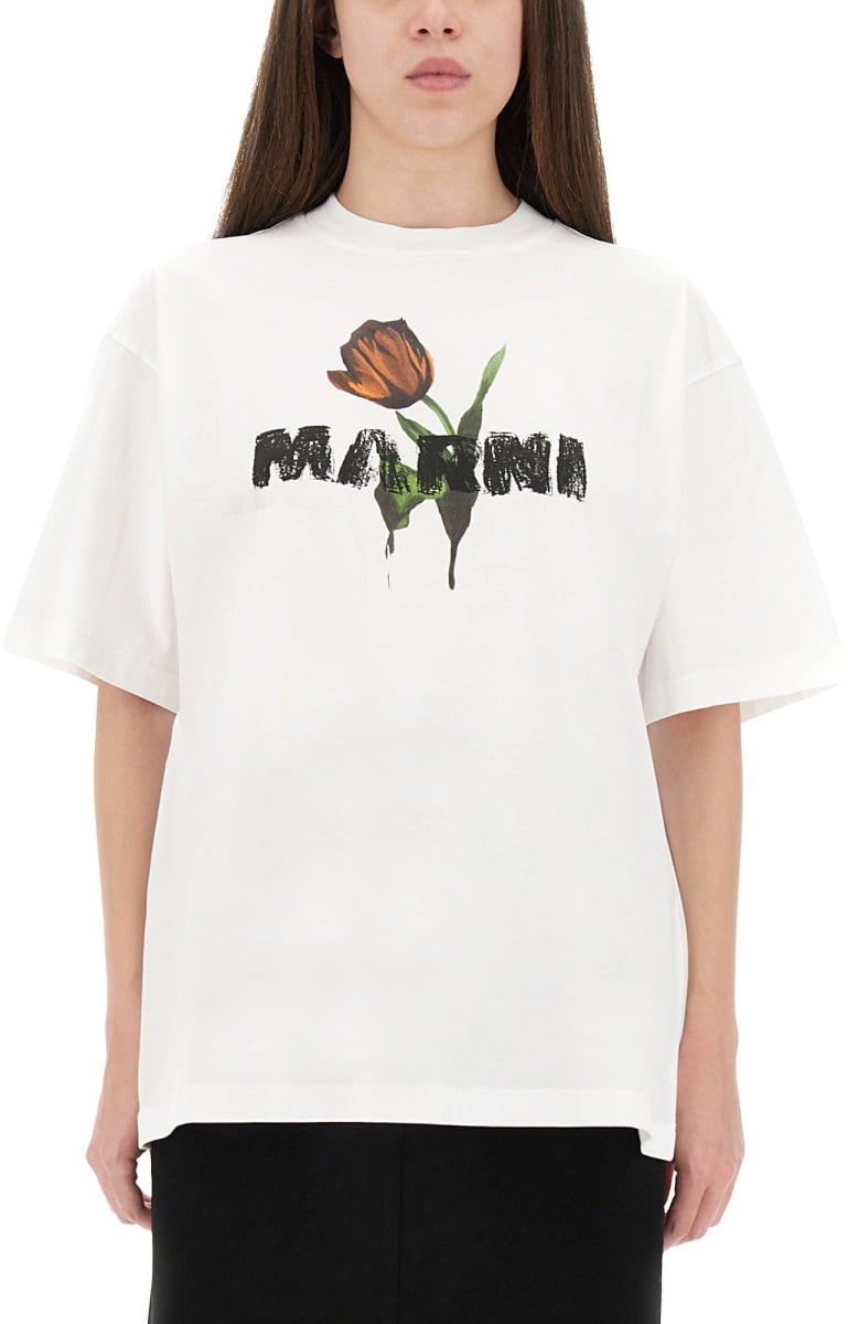 Marni WHITE COTTON T-SHIRT WITH TULIP PRINT Wit