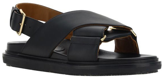 Marni Black Calf Leather Bos Taurus Flat Sandals Zwart