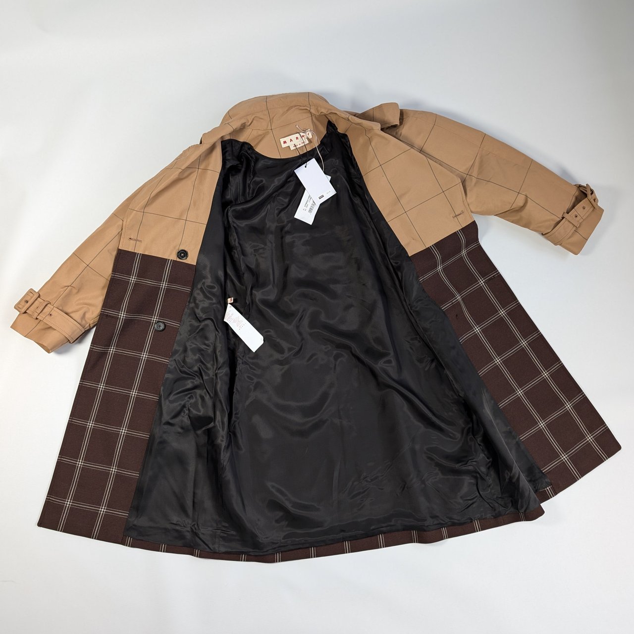 Marni Marni Checkered Two-Tone Trench Coat, Size 38 Bruin