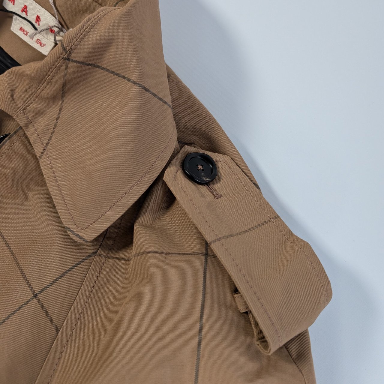 Marni Checkered Two-Tone Trench Coat, Size 38 Bruin