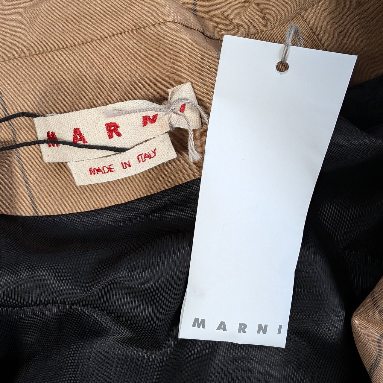 Marni Checkered Two-Tone Trench Coat, Size 38 Bruin