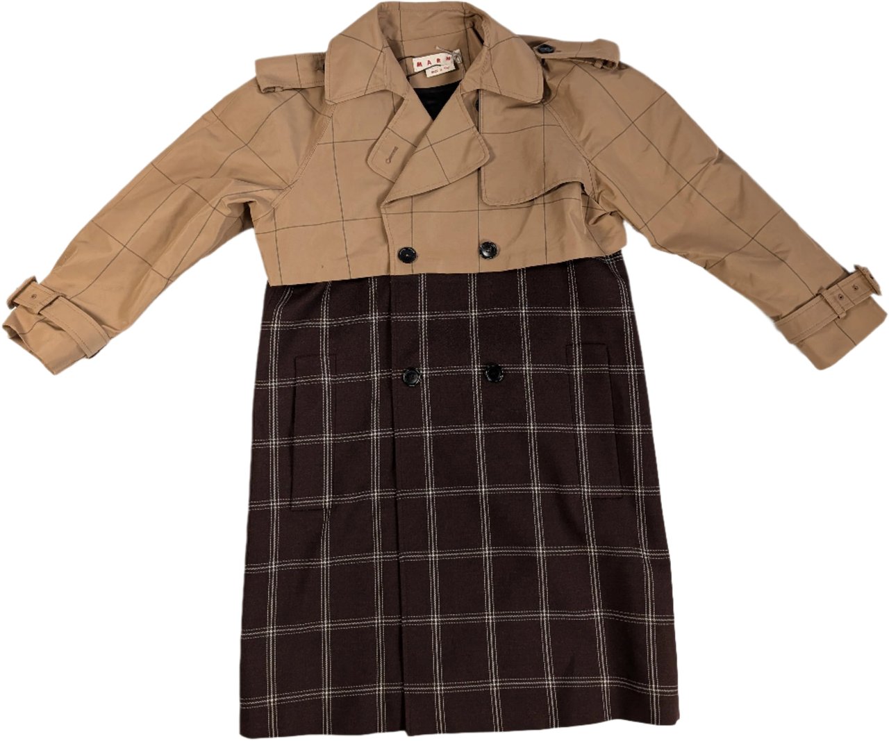 Marni Checkered Two-Tone Trench Coat, Size 38 Bruin