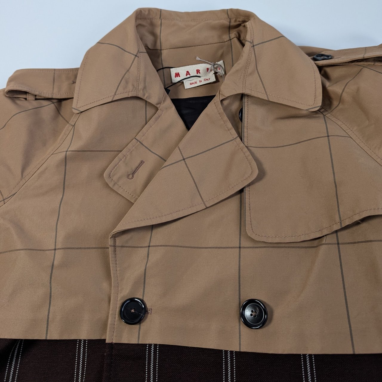 Marni Checkered Two-Tone Trench Coat, Size 38 Bruin