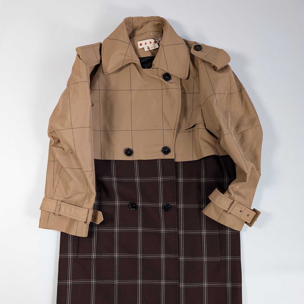 Marni Checkered Two-Tone Trench Coat, Size 38 Bruin