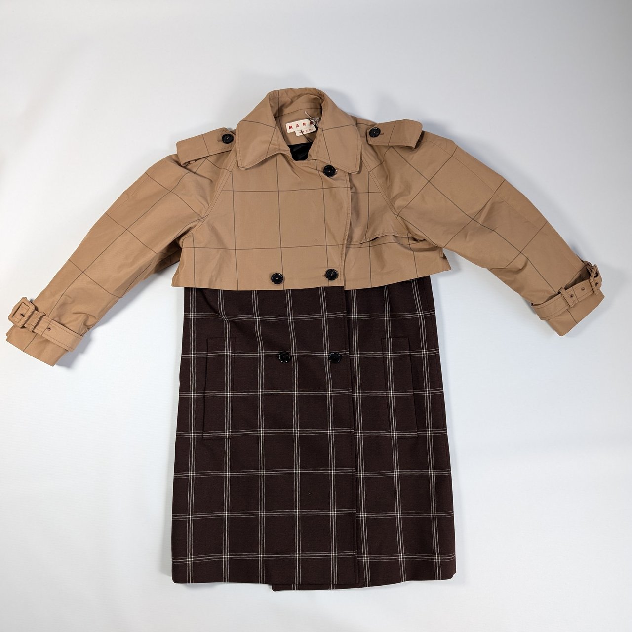 Marni Checkered Two-Tone Trench Coat, Size 38 Bruin