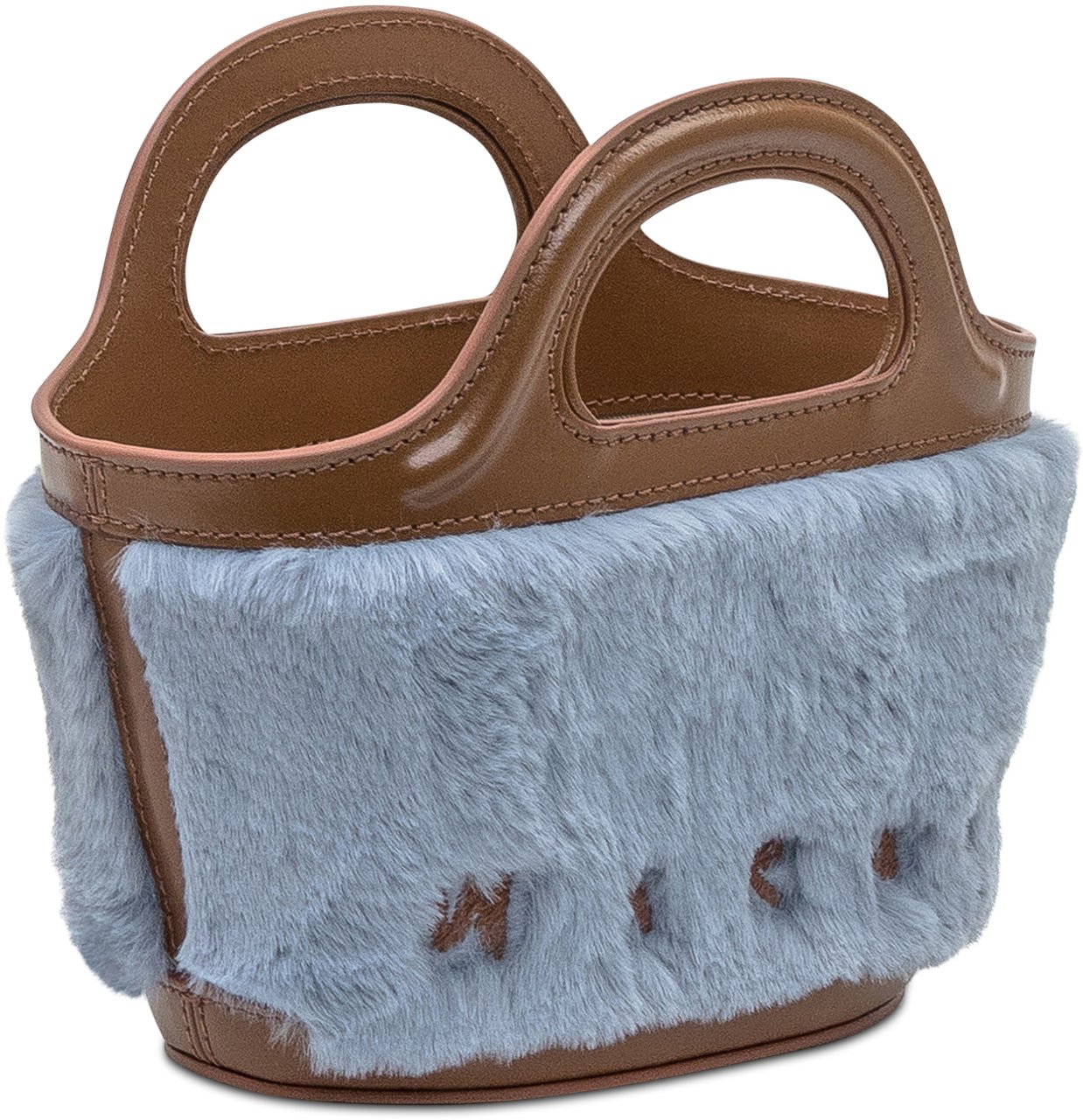 Marni Marni Borsa Tote in Pelliccia Azzurra e Pelle Marrone Blauw